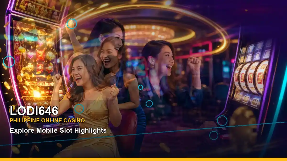 LODI646 mobile casino first deposit rewards featuring an adult Filipina casino host with a panoramic reel composition